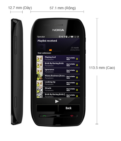 Kích thước Nokia 603