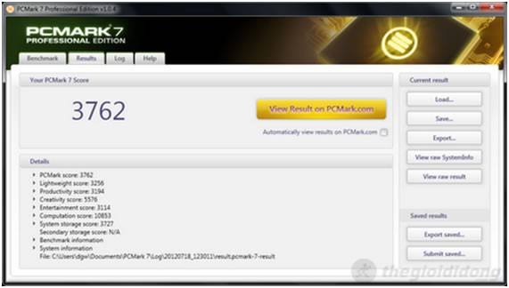 Inspiron 14z-5423 đạt 3.762 điểm trong đánh giá tổng thể hiệu năng hệ thống PCMark 7