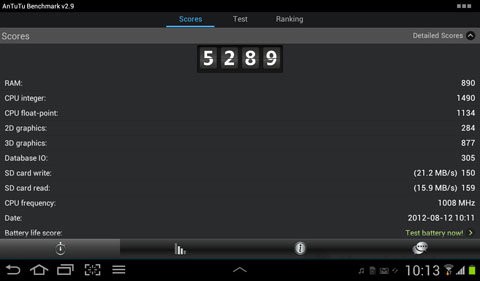 Galaxy Tab 2 7.0 đạt được 5289 điểm khi kiểm tra bằng AnTuTu Benchmark.