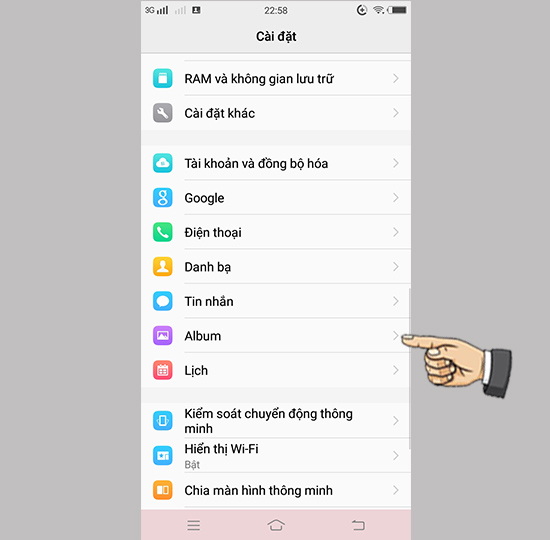 Vào cài đặt chọn Album.