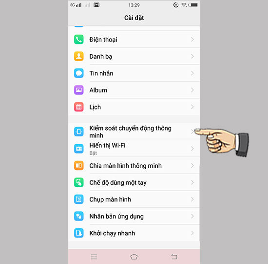 Bước 1: Vào cài đặt chọn kiểm soát chuyển động thông minh.