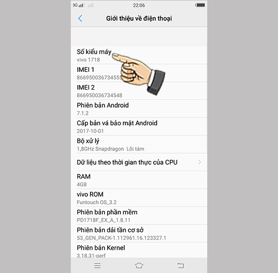 Thông tin kiểu máy và IMEI máy.