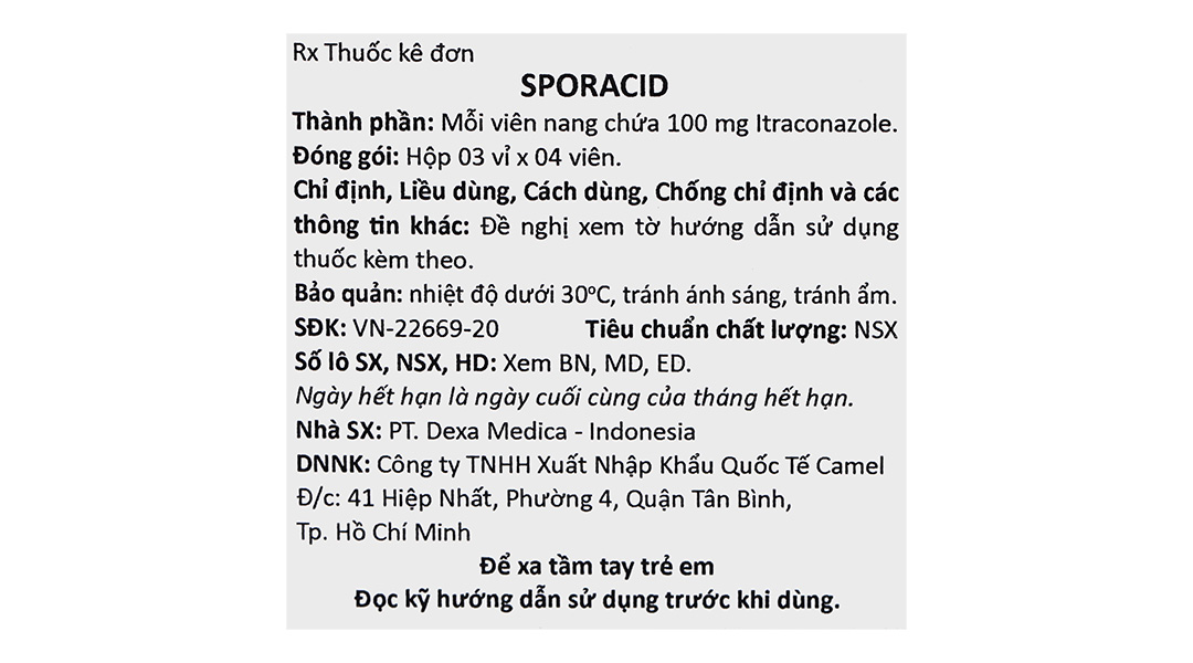 Sporacid 100mg trị nhiễm nấm Candida