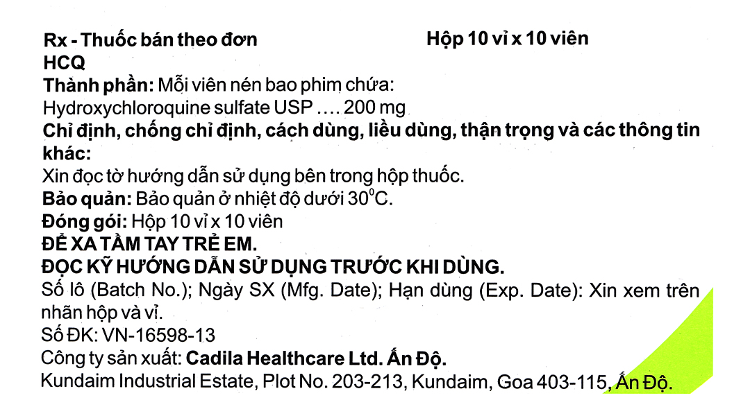 HCQ 200mg trị sốt rét cấp, lupus ban đỏ và viêm khớp dạng thấp