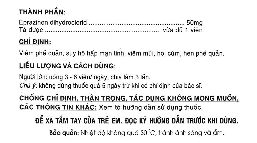 Eprazinone Mebiphar 50mg trị viêm phế quản, suy hô hấp, viêm mũi