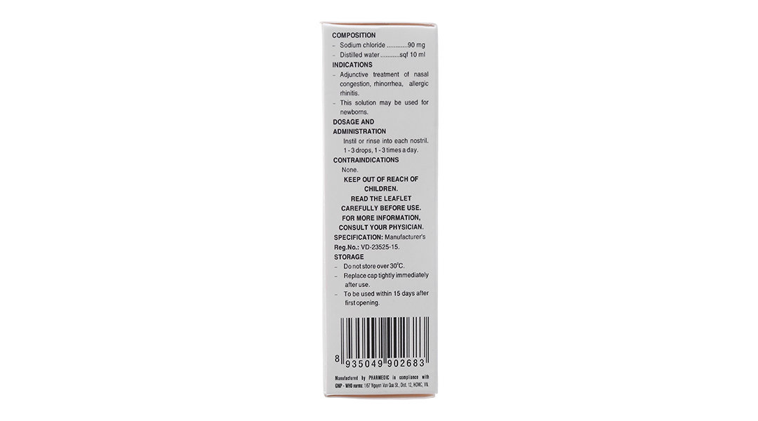 Dung dich nhỏ mũi Natri Clorid Pharmedic 0.9% hỗ trợ trị nghẹt mũi