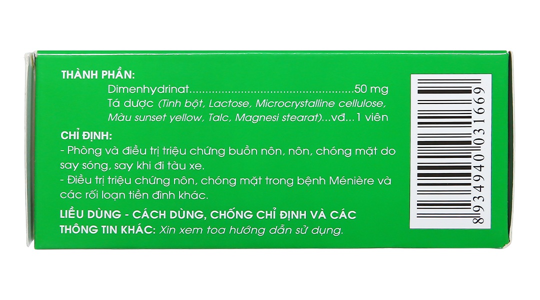 Dimenhydrinat Traphaco 50mg trị triệu chứng nôn, chóng mặt, say xe