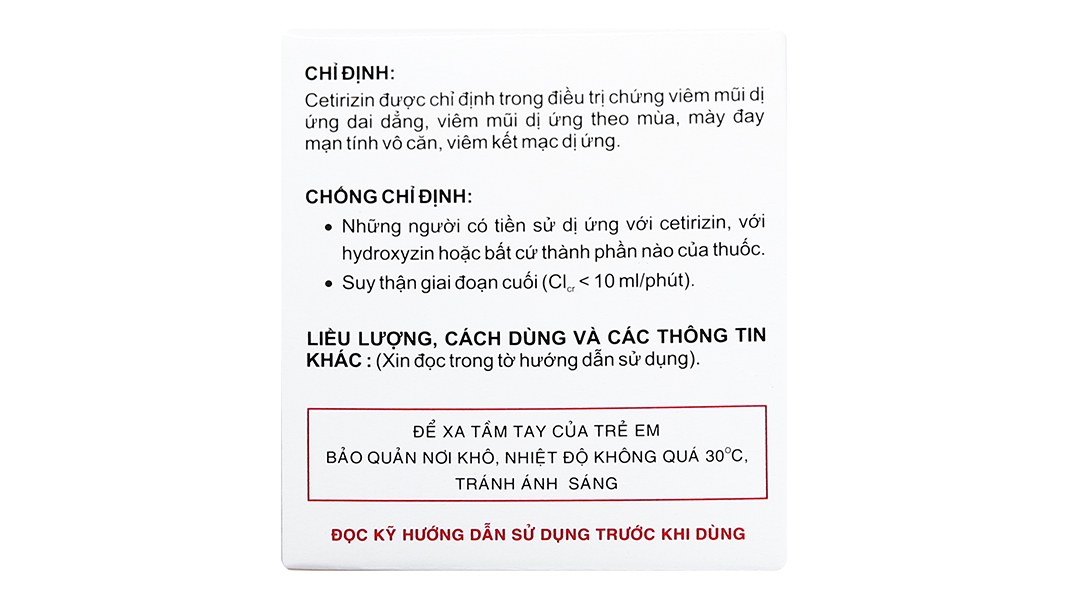 Cetirizin Vidipha 10mg trị viêm mũi dị ứng, mề đay