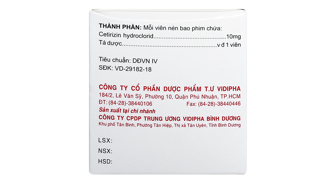 Cetirizin Vidipha 10mg trị viêm mũi dị ứng, mề đay
