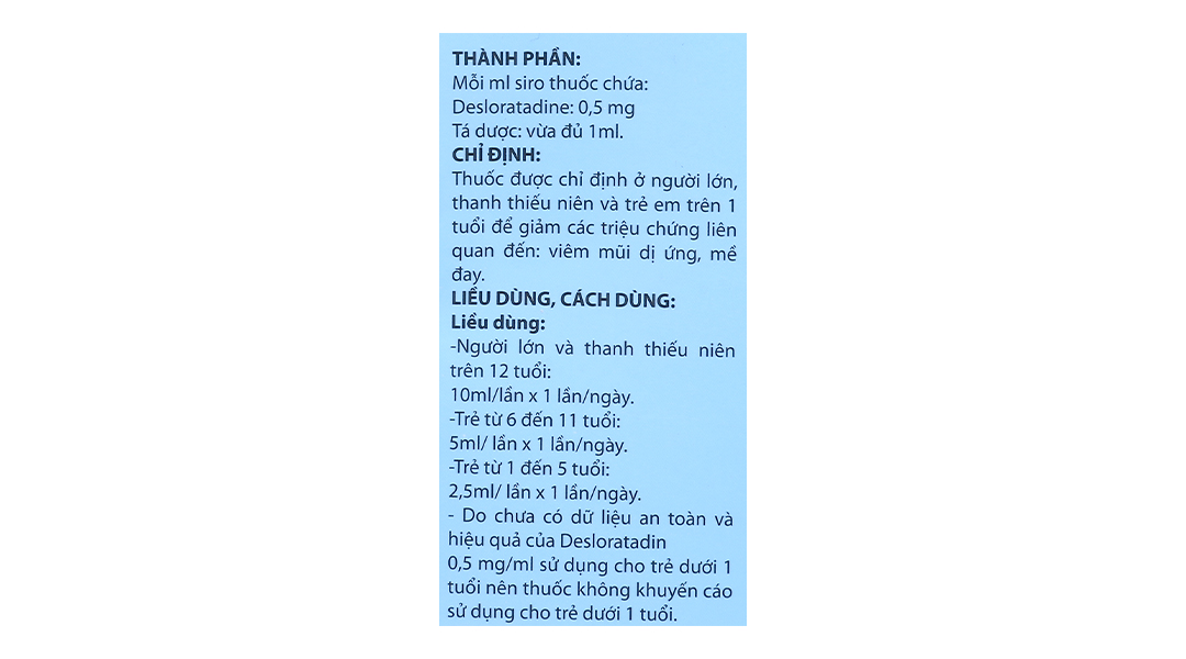 Siro Desloratadin 0.5mg/ml trị viêm mũi dị ứng, mày đay