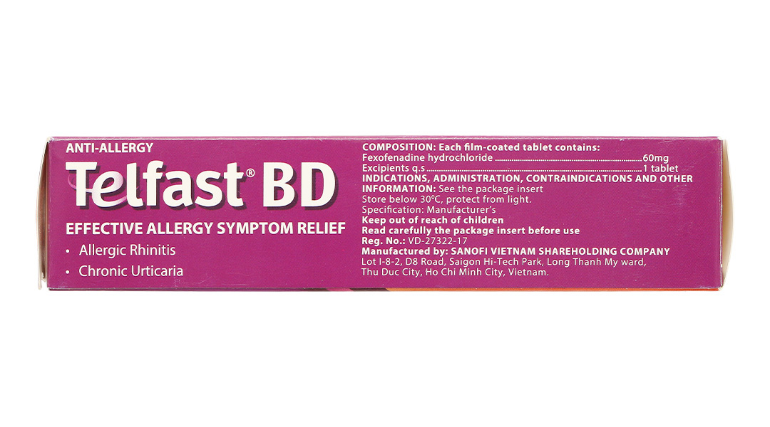 Telfast BD 60mg trị viêm mũi dị ứng, mày đay vô căn mạn tính
