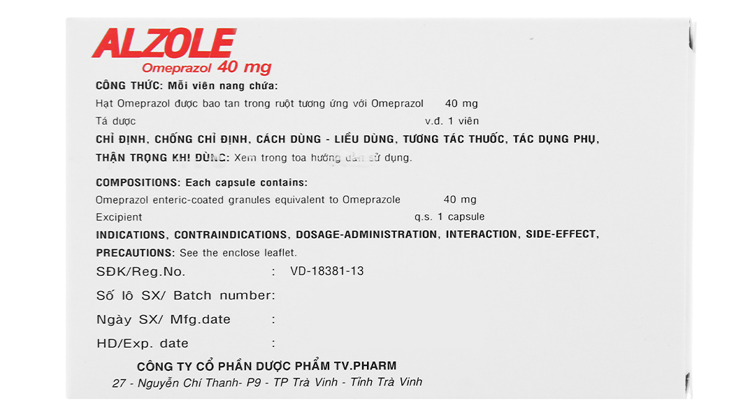 Alzole 40mg trị loét dạ dày, tá tràng
