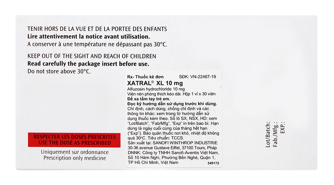 Xatral XL 10mg trị triệu chứng chức năng của phì đại tuyến tiền liệt