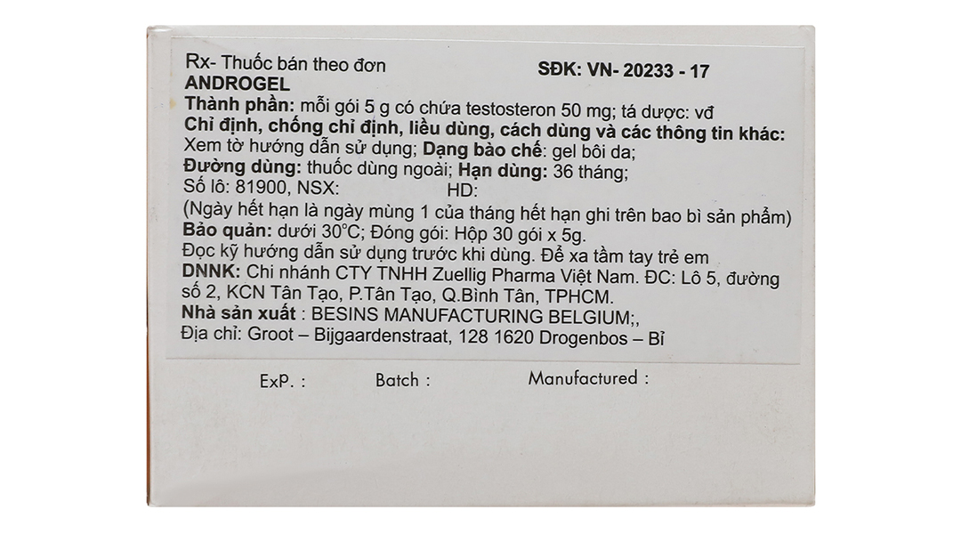 Gel bôi Androgel 50mg bổ sung testosterone