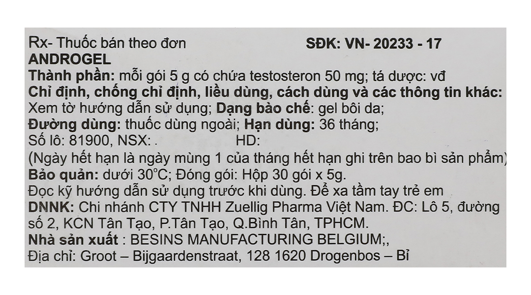 Gel bôi Androgel 50mg bổ sung testosterone