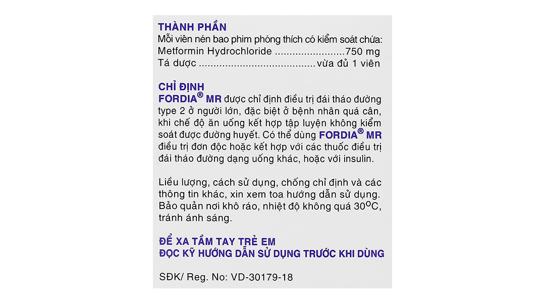Fordia MR 750mg điều trị tiểu đường type 2 đơn độc hoặc kết hợp