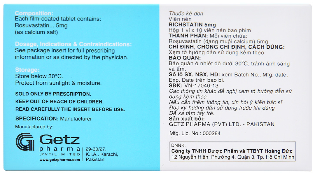 Richstatin 5mg dùng làm giảm nồng độ cholesterol toàn phần