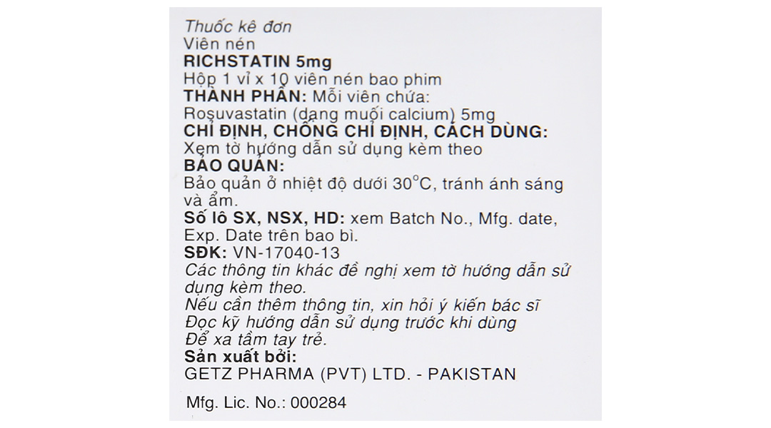 Richstatin 5mg dùng làm giảm nồng độ cholesterol toàn phần