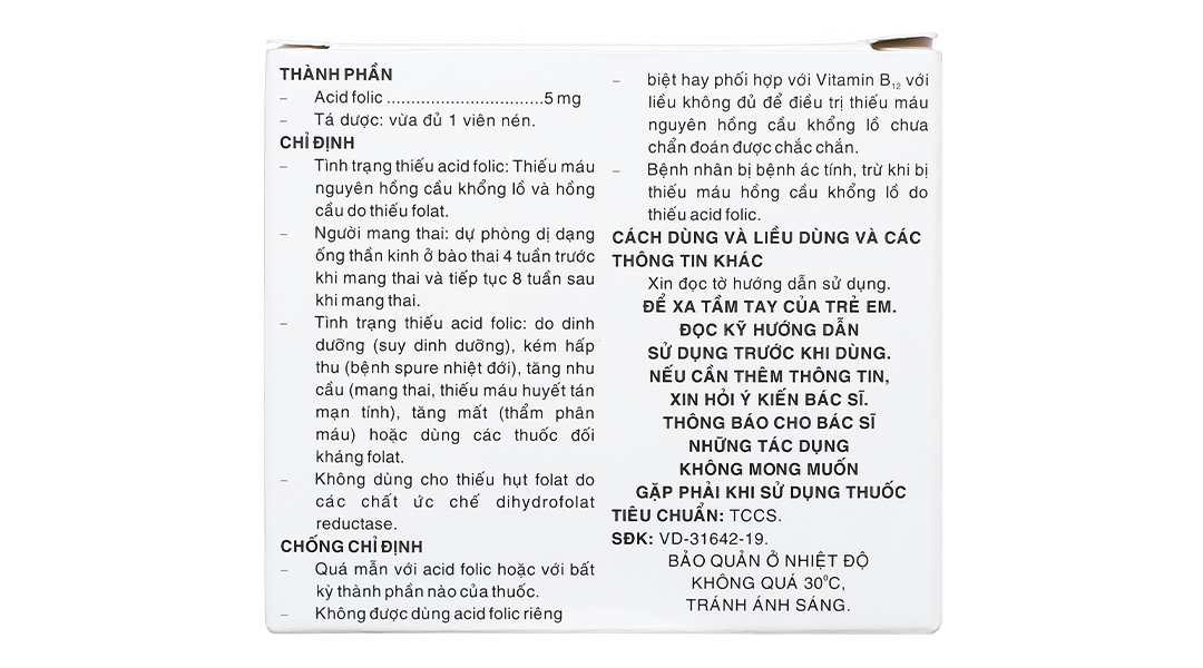 Folacid 5mg phòng và trị thiếu axit folic
