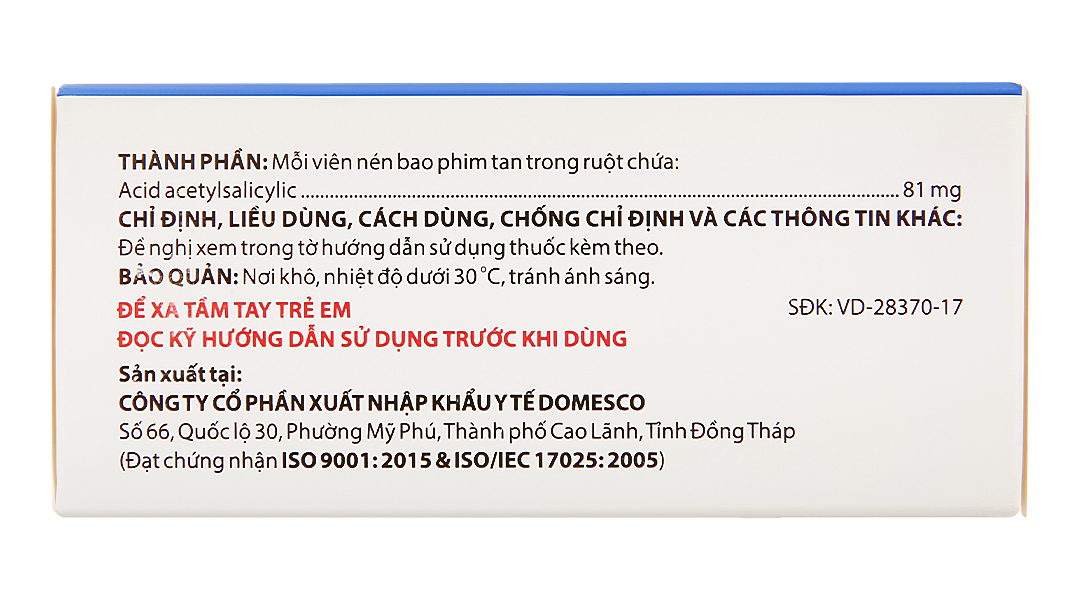 Doaspin 81mg phòng huyết khối tim mạch và não
