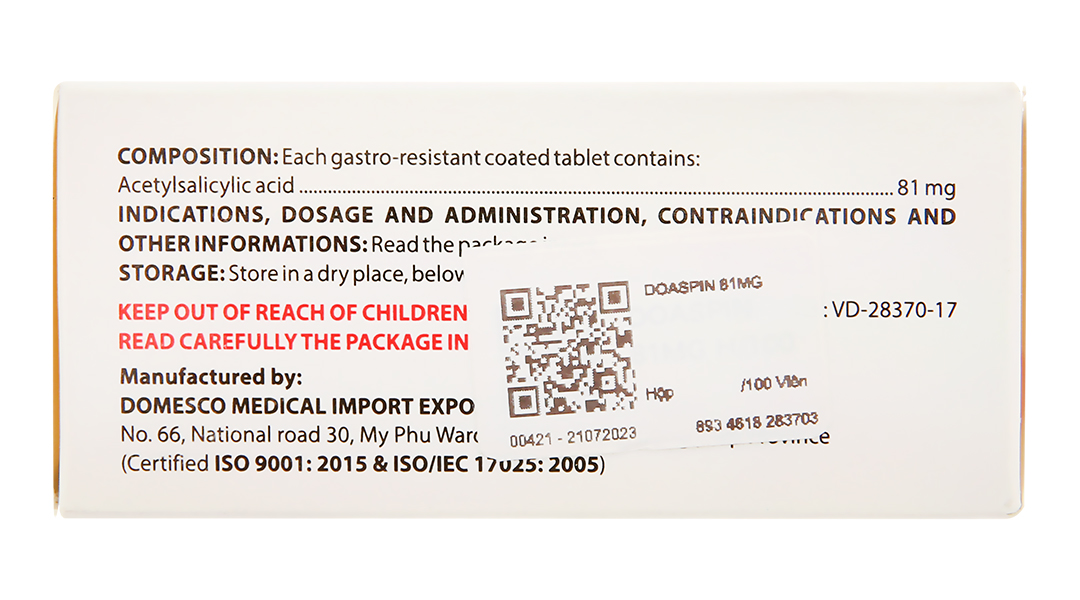 Doaspin 81mg phòng huyết khối tim mạch và não