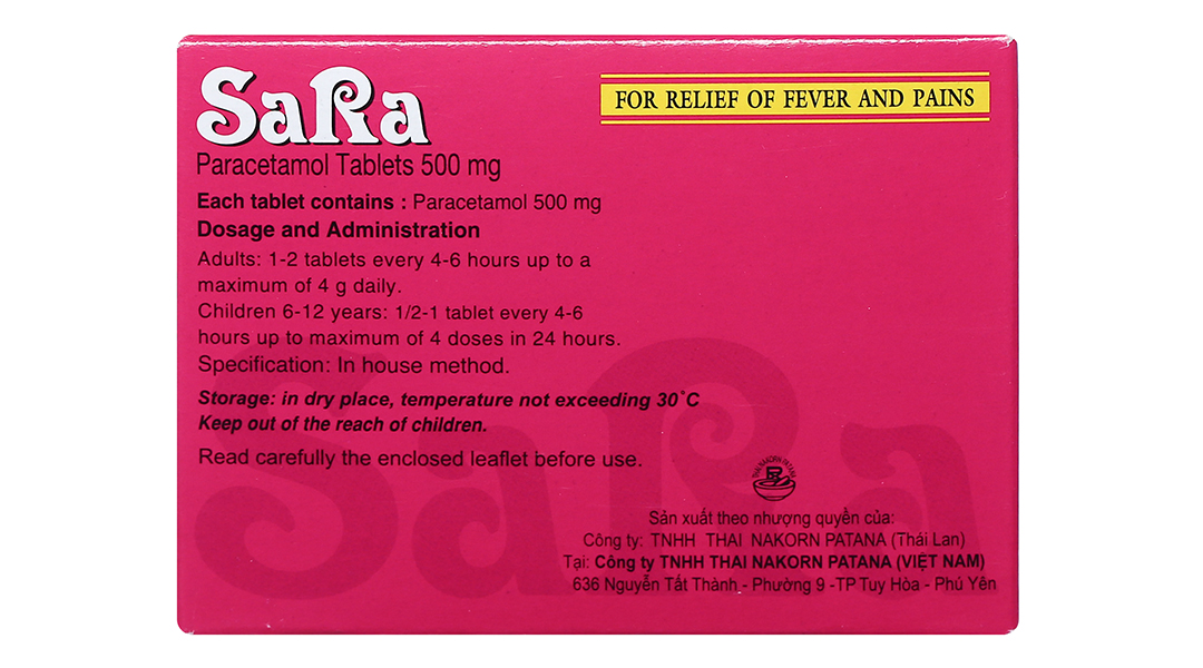 Sara 500mg trị các chứng đau và sốt từ nhẹ đến vừa