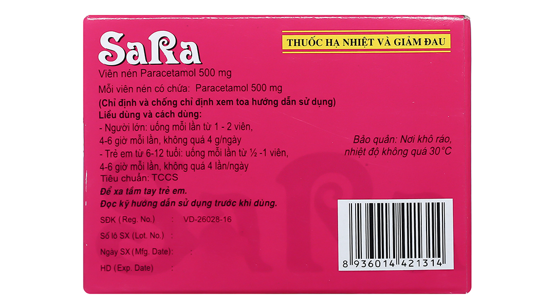 Sara 500mg trị các chứng đau và sốt từ nhẹ đến vừa