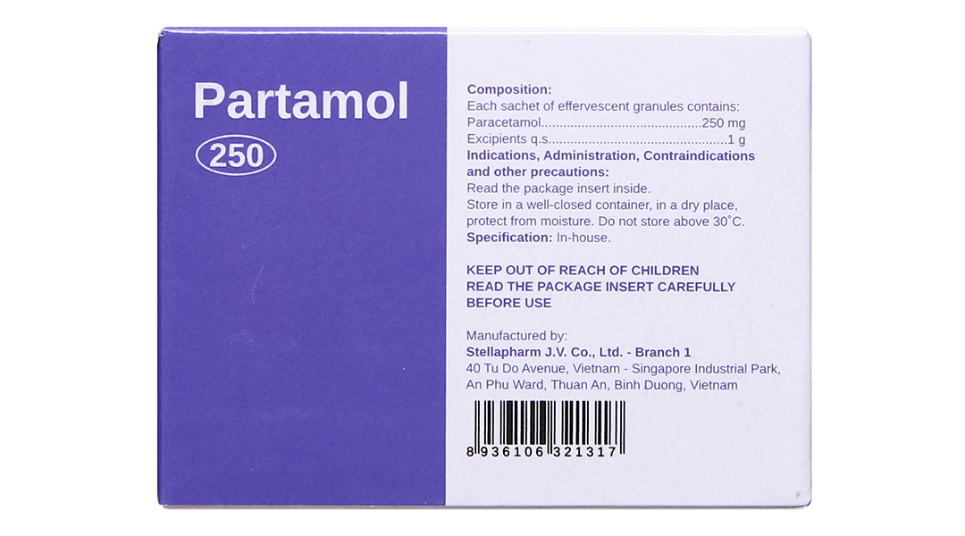 Cốm sủi Partamol 250 giảm cơn đau và sốt từ nhẹ đến vừa