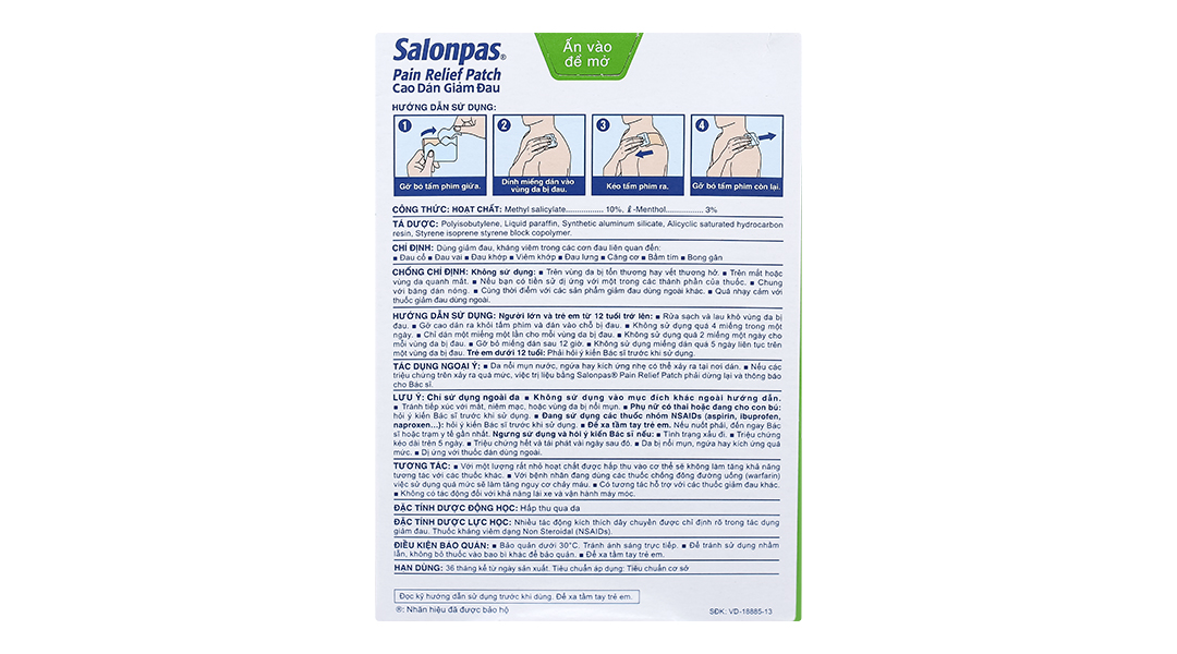 Cao dán Salonpas Pain Relief Patch giảm đau, kháng viêm cơ khớp