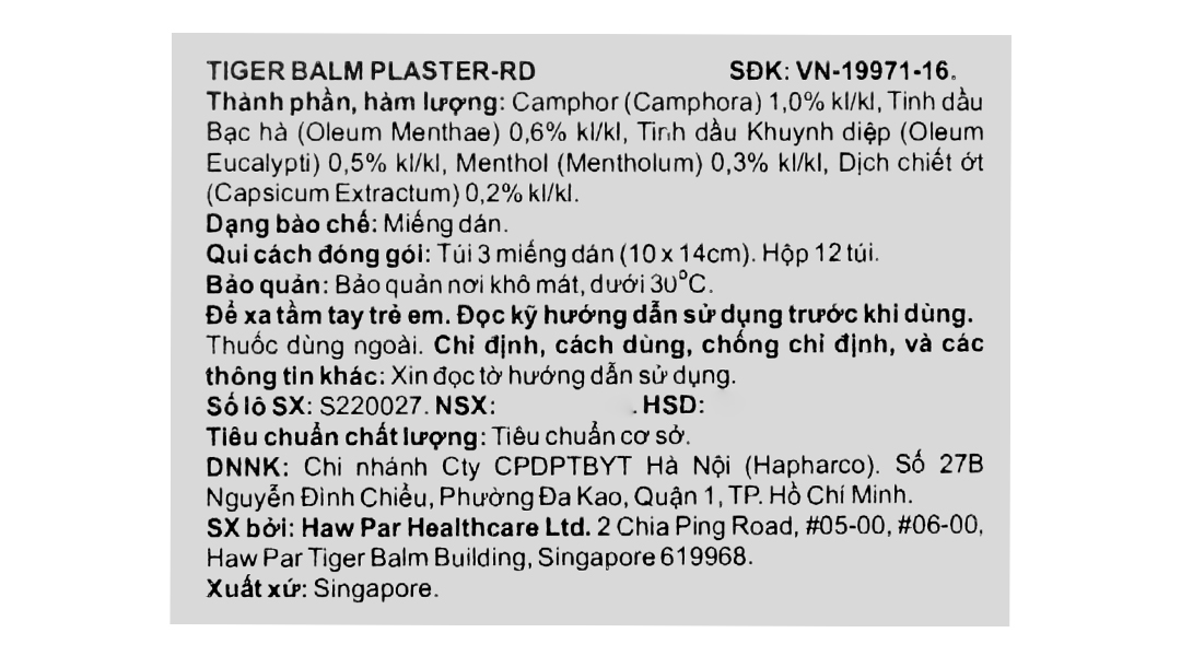 Cao dán Tiger Balm Plaster - RD hỗ trợ giảm mỏi cơ