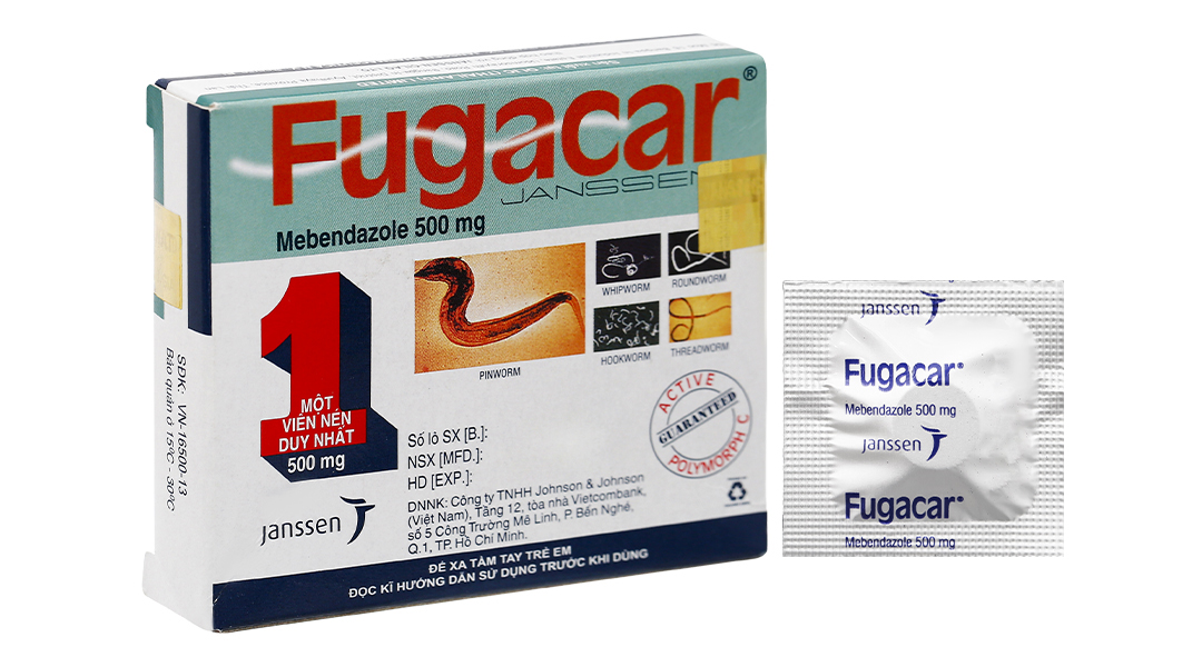 Viên nhai Fugacar 500mg trị nhiều loại giun đường ruột