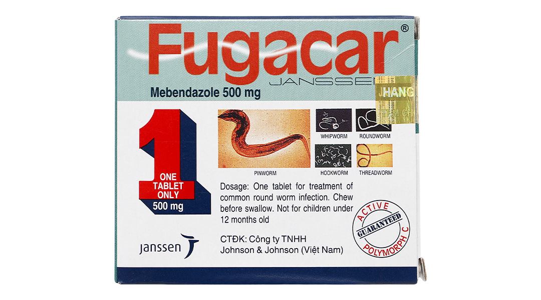 Viên nhai Fugacar 500mg trị nhiều loại giun đường ruột