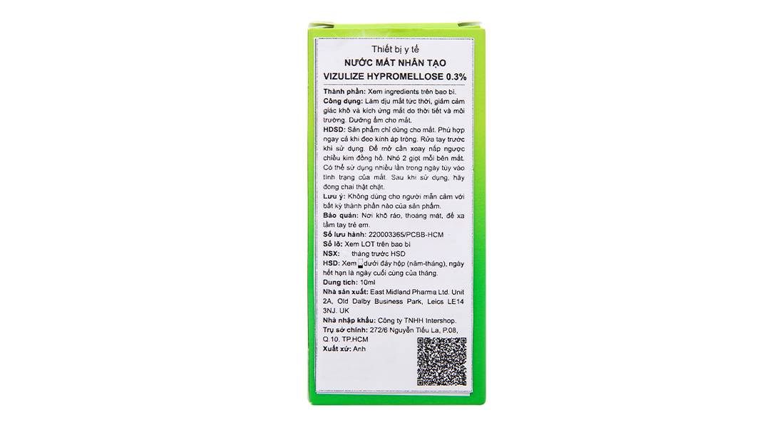 Nước mắt nhân tạo Vizulize Hypromellose 0.3% giảm cảm giác khô, kích ứng mắt