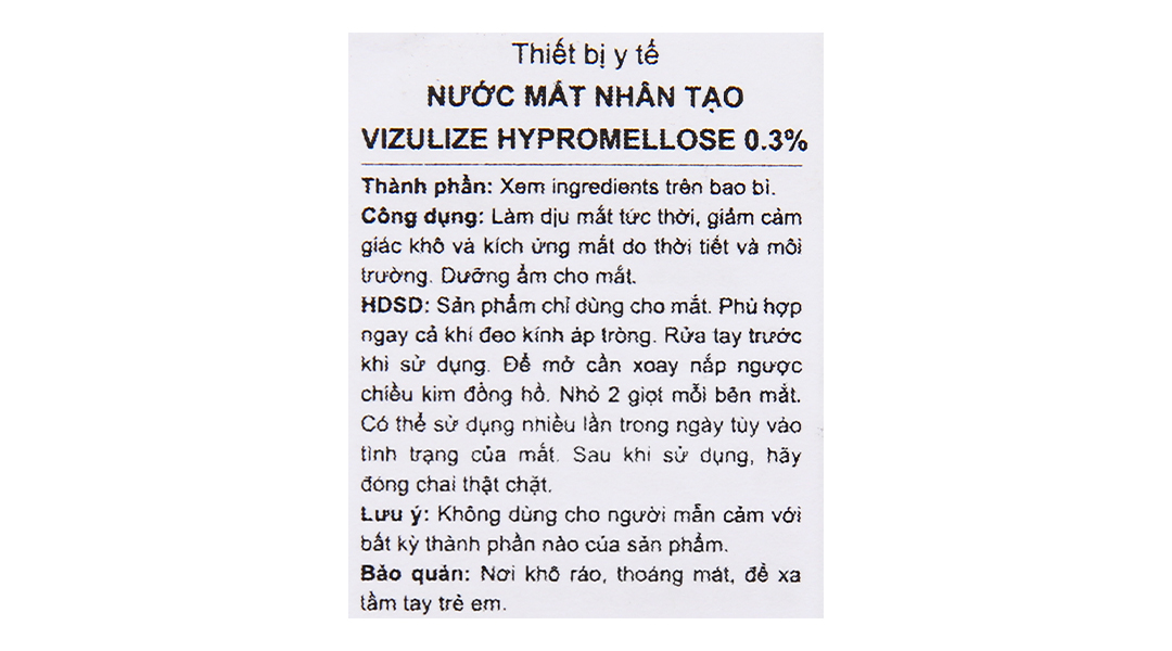 Nước mắt nhân tạo Vizulize Hypromellose 0.3% giảm cảm giác khô, kích ứng mắt
