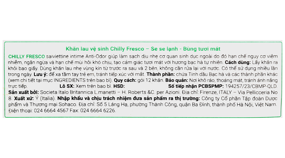 Khăn ướt vệ sinh vùng kín Chilly Fresco se lạnh, làm sạch khử mùi