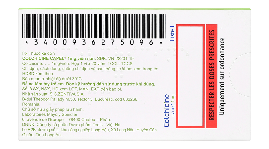 Colchicine Capel Mayoly Spindler 1mg phòng và trị cơn gout cấp