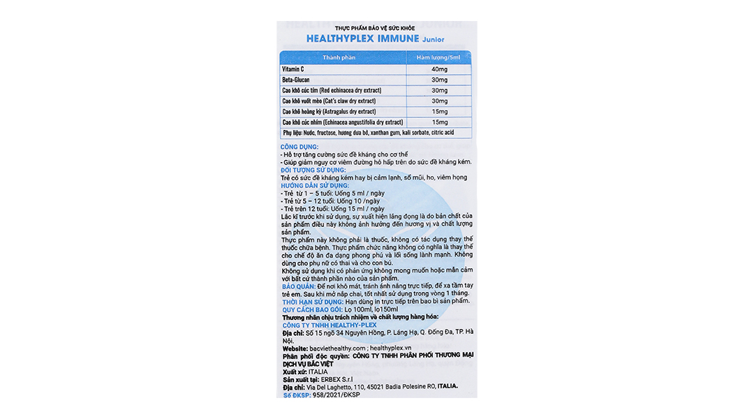 Thực phẩm bảo vệ sức khoẻ tăng đề kháng Healthyplex Immune Junior