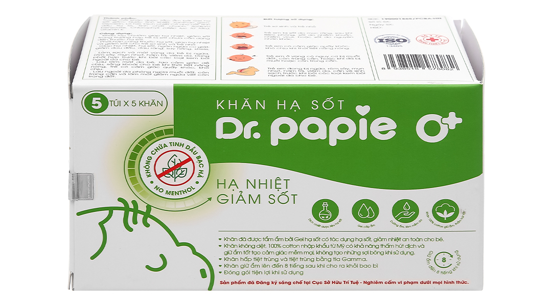Khăn hạ sốt Dr.Papie 0+ giúp hạ nhiệt, giảm sốt cho bé