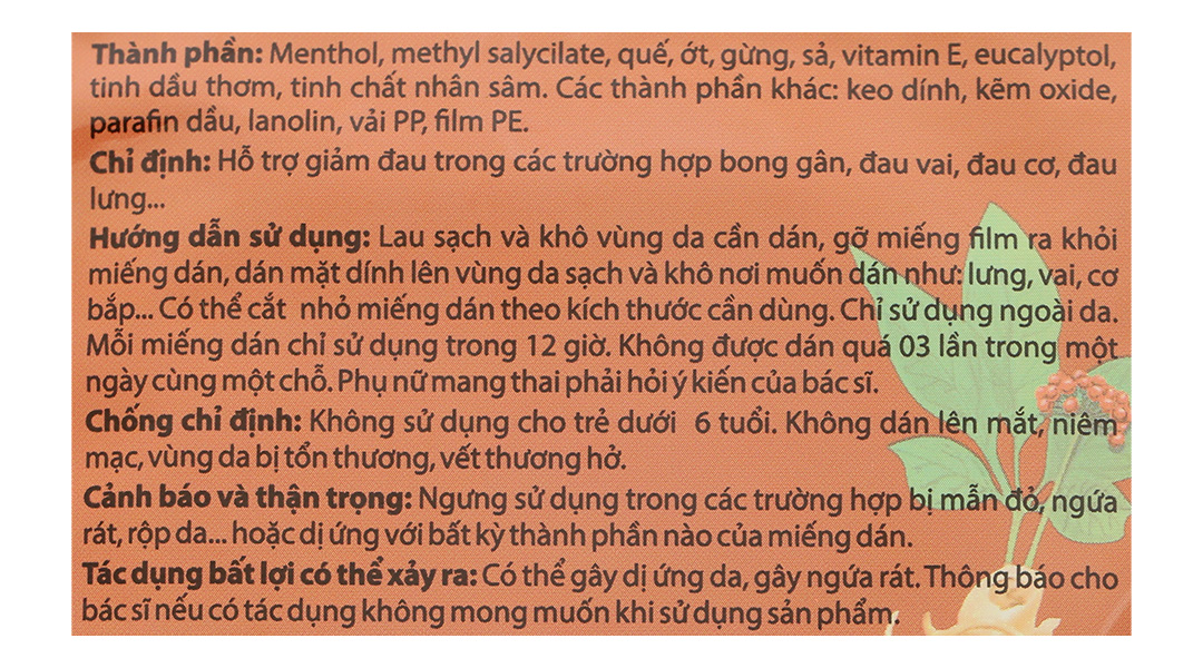 Miếng dán giảm đau thảo dược Danasa ginseng giúp giảm đau cơ, đau khớp