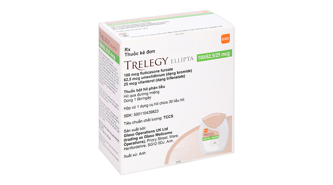 Bột hít phân liều Trelegy Ellipta 100/62,5/25 mcg phòng ngừa COPD