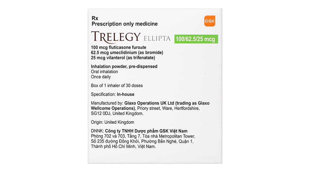 Bột hít phân liều Trelegy Ellipta 100/62,5/25 mcg phòng ngừa COPD