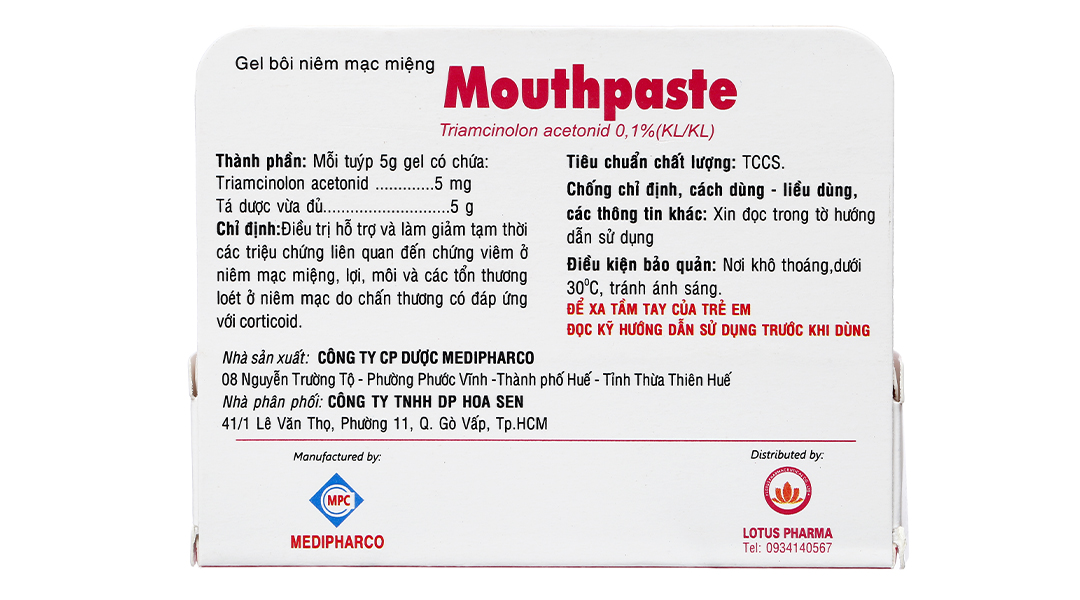 Mouthpaste Thuốc Mouthpaste 0.1% trị viêm ở niêm mạc miệng, lợi và môi tuýp 5g ...