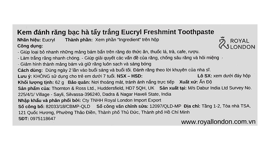 Kem đánh răng bạc hà Eucryl Toothpaste trắng răng, ngừa sâu răng