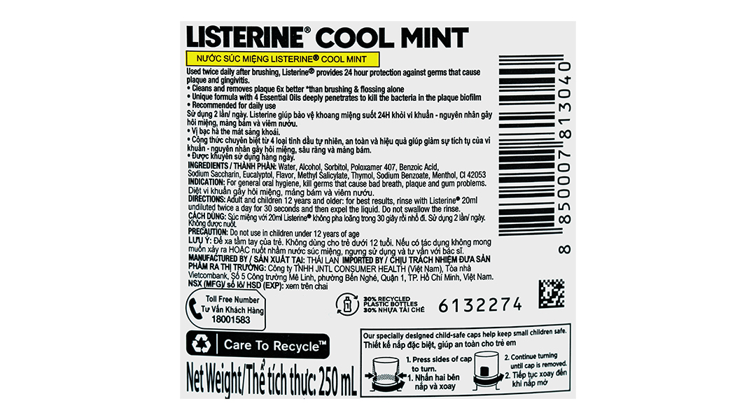 Nước súc miệng Listerine Cool Mint hơi thở thơm mát