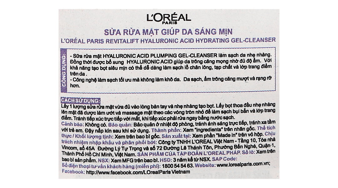 Sữa rửa mặt L'Oreal Paris Revitalift Hyaluronic Acid cấp ẩm, mịn da