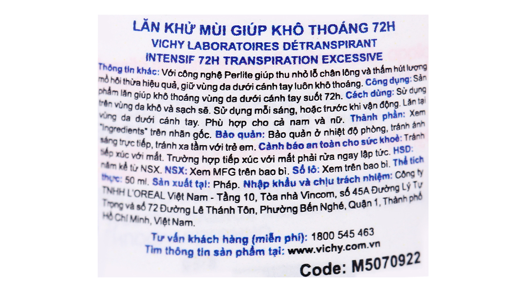 Lăn khử mùi Vichy ngăn mồ hôi, giúp khô thoáng suốt 72h