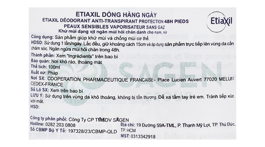 Xịt khử mùi Etiaxil Déodorant Anti-Transpirant 48h khử mùi hôi chân