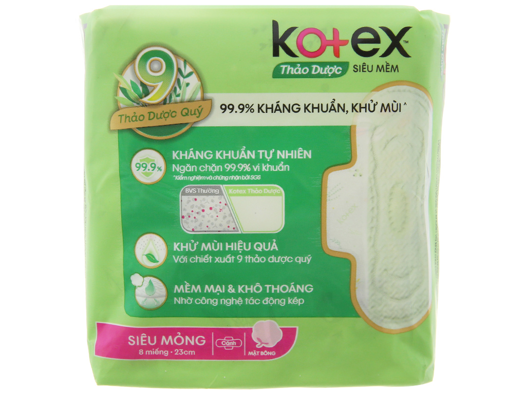 Băng vệ sinh Kotex thảo dược siêu mềm, siêu mỏng cánh