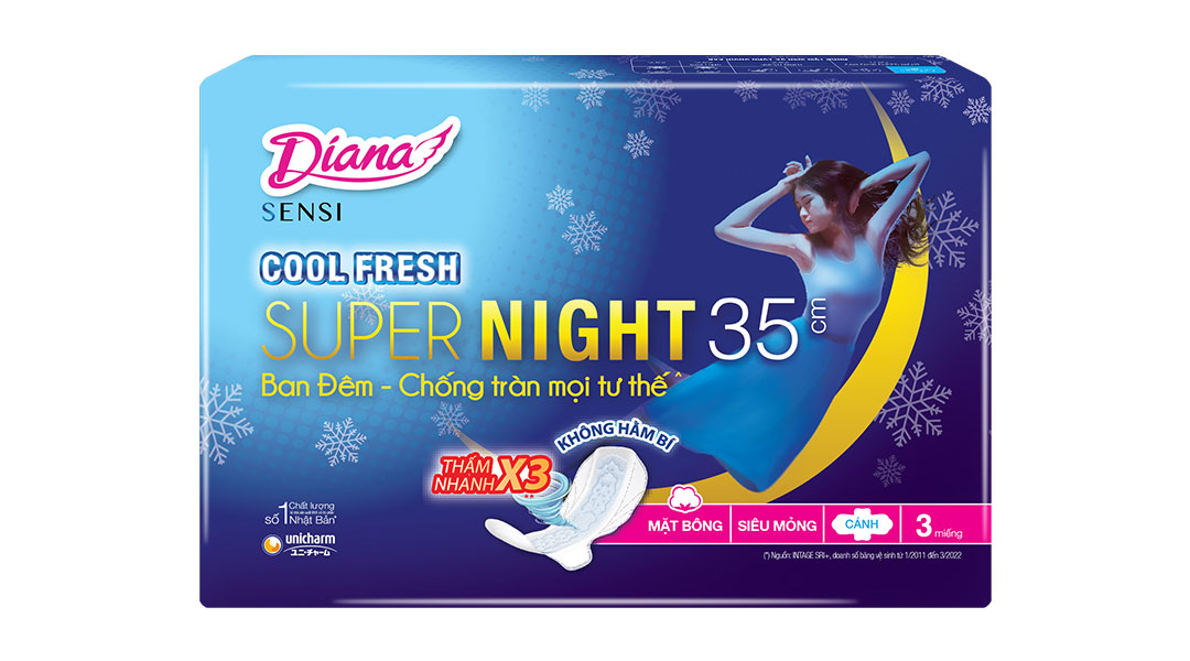 Băng vệ sinh ban đêm Diana Cool Fresh siêu thấm có cánh 35cm