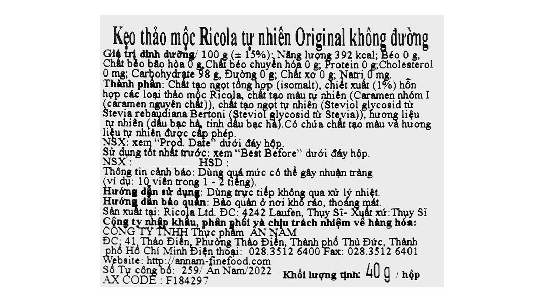 Kẹo thảo mộc Ricola alpine herbs original không đường 40g